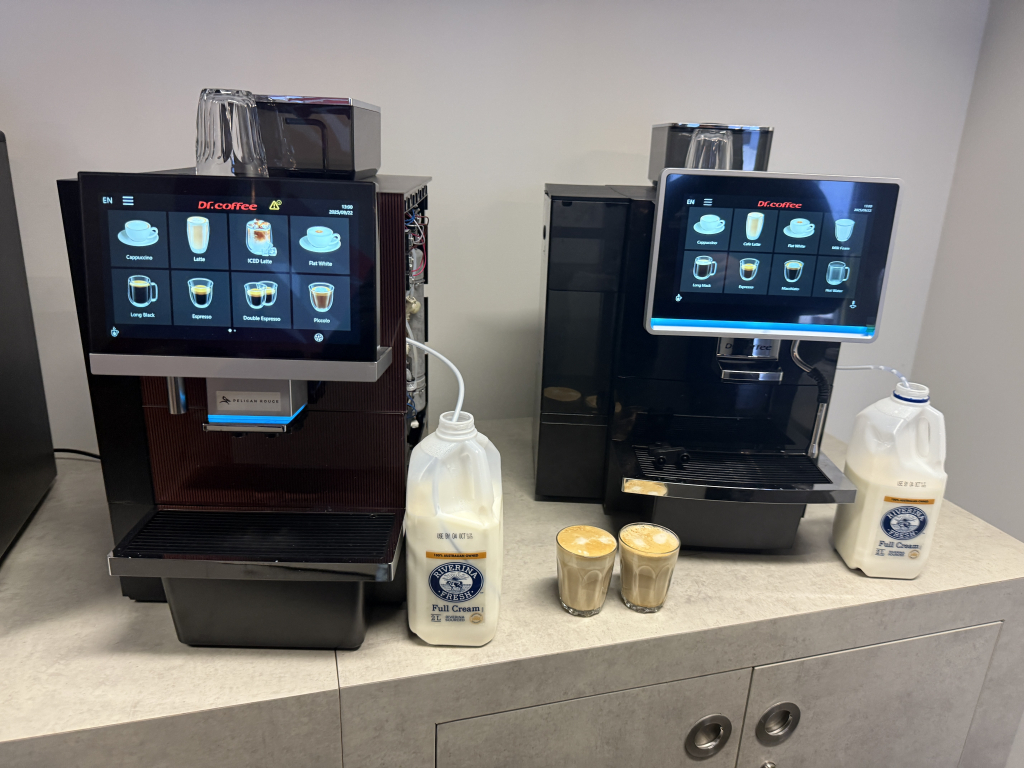 Latte from milk pump (left) and Venturi (right) systems from Dr Coffee machines for office