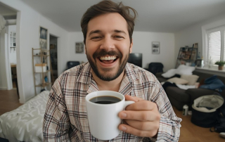 automatic coffee machine helps man in morning
