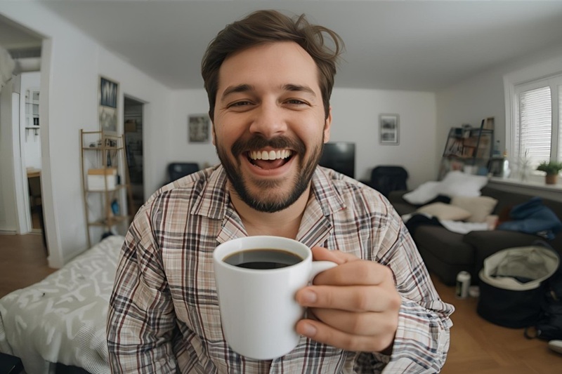 automatic coffee machine helps man in morning